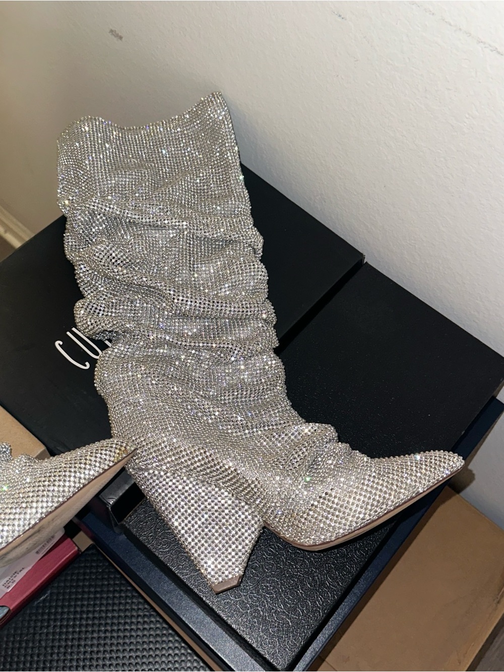 Crystal Ruched Pointed-Toe Heeled Boot - Silver - Picture 1 of 3